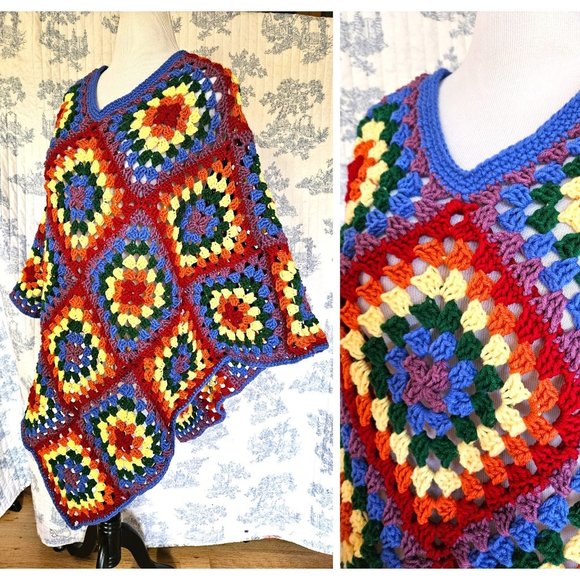 Size M to XL NEW Hand Crocheted Retro Rainbow Poncho - Picture 1 of 10